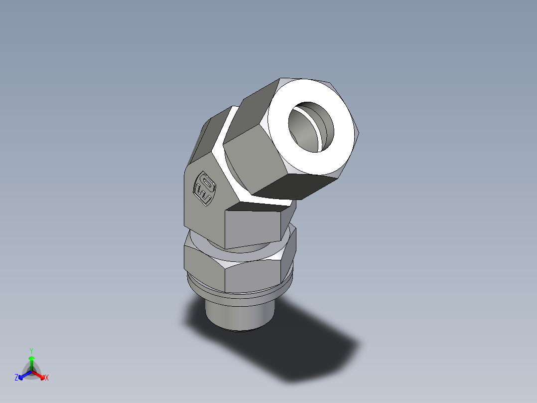 卡套式工业通用硬管接头EO_Adjustable_locknut_45_deg_elbow_VEE10ZLRCF正等轴测图