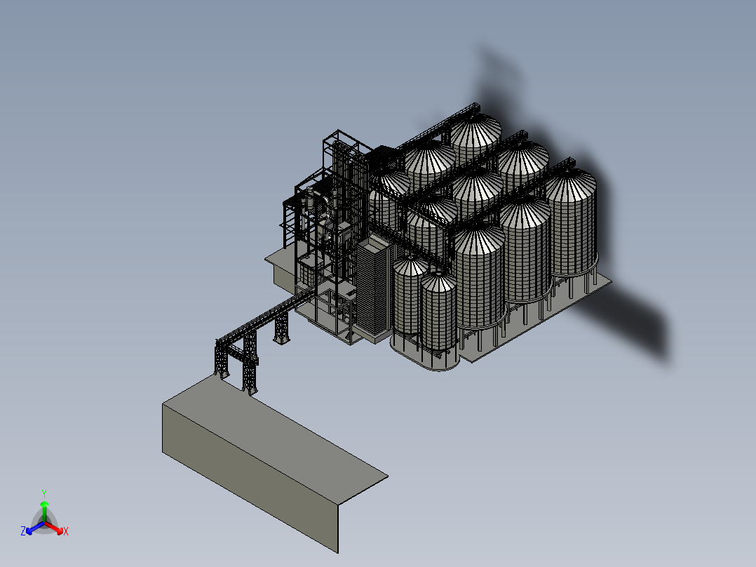 带驳船码头的谷物仓正等轴测图