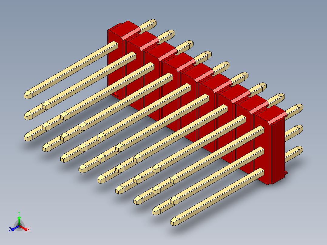 彩色公头100mil（2.54mm）系列-DS1021_red_3x09p_100mil_Type5_rev1.0正等轴测图