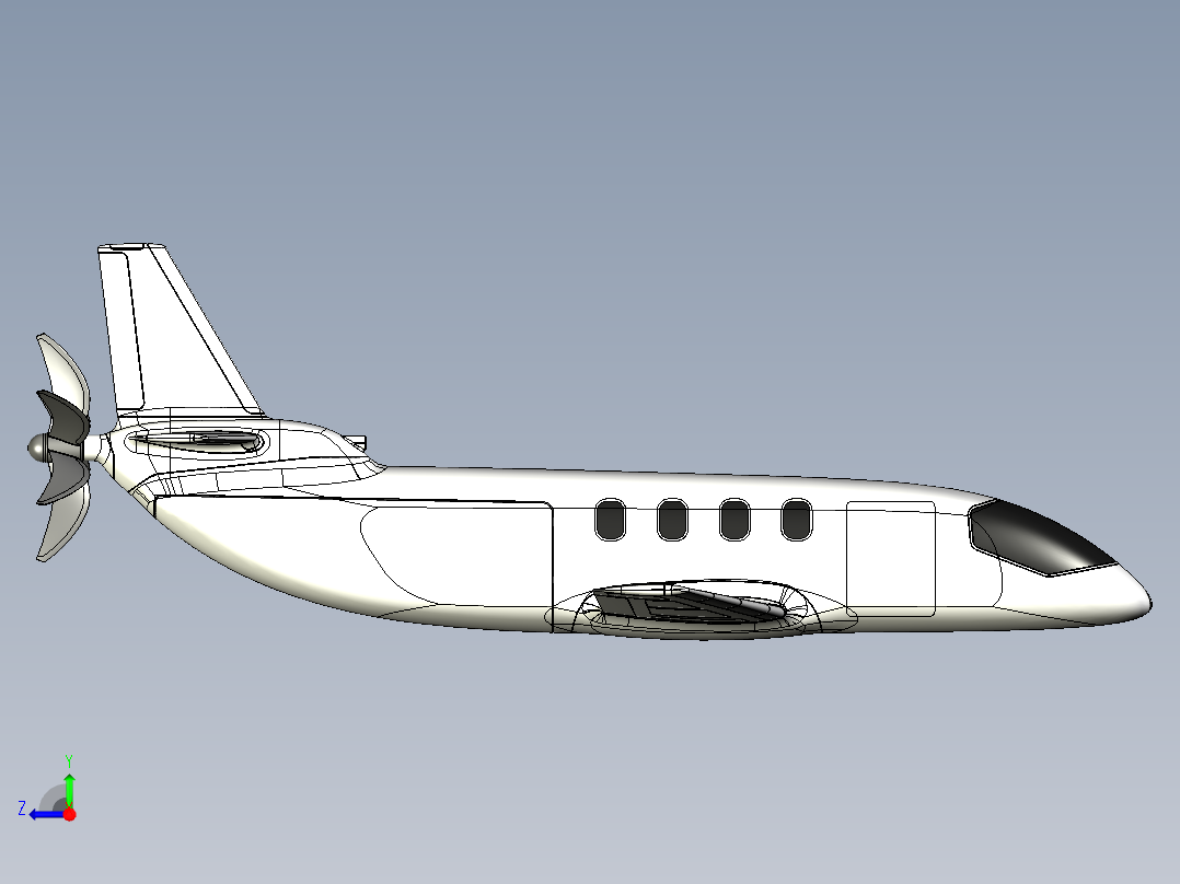 氢动力涡轮螺旋桨飞机造型3D图纸 STEP格式右视图