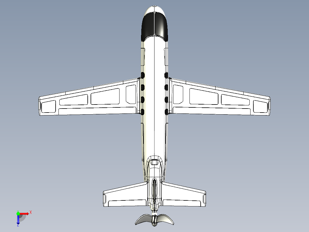 氢动力涡轮螺旋桨飞机造型3D图纸 STEP格式俯视图