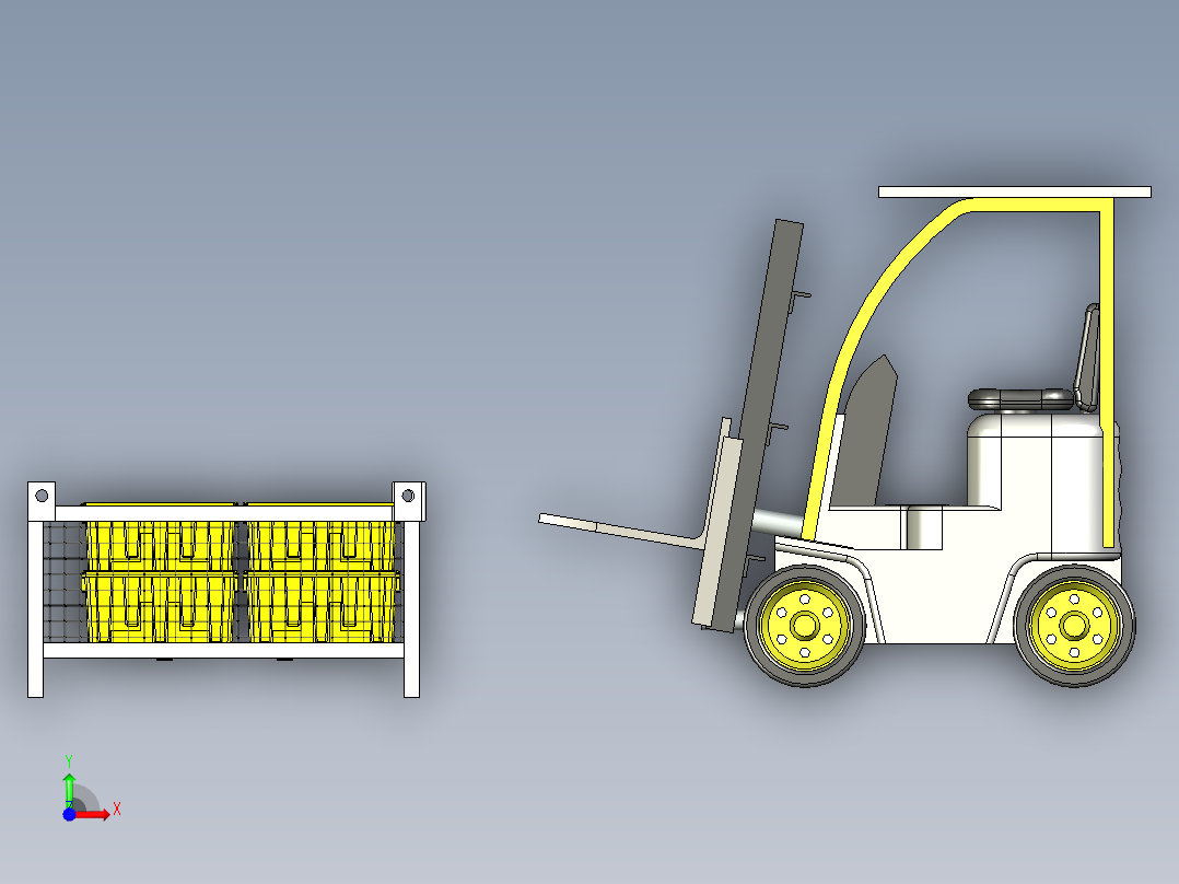 周转货架与叉车搬运模拟前视图