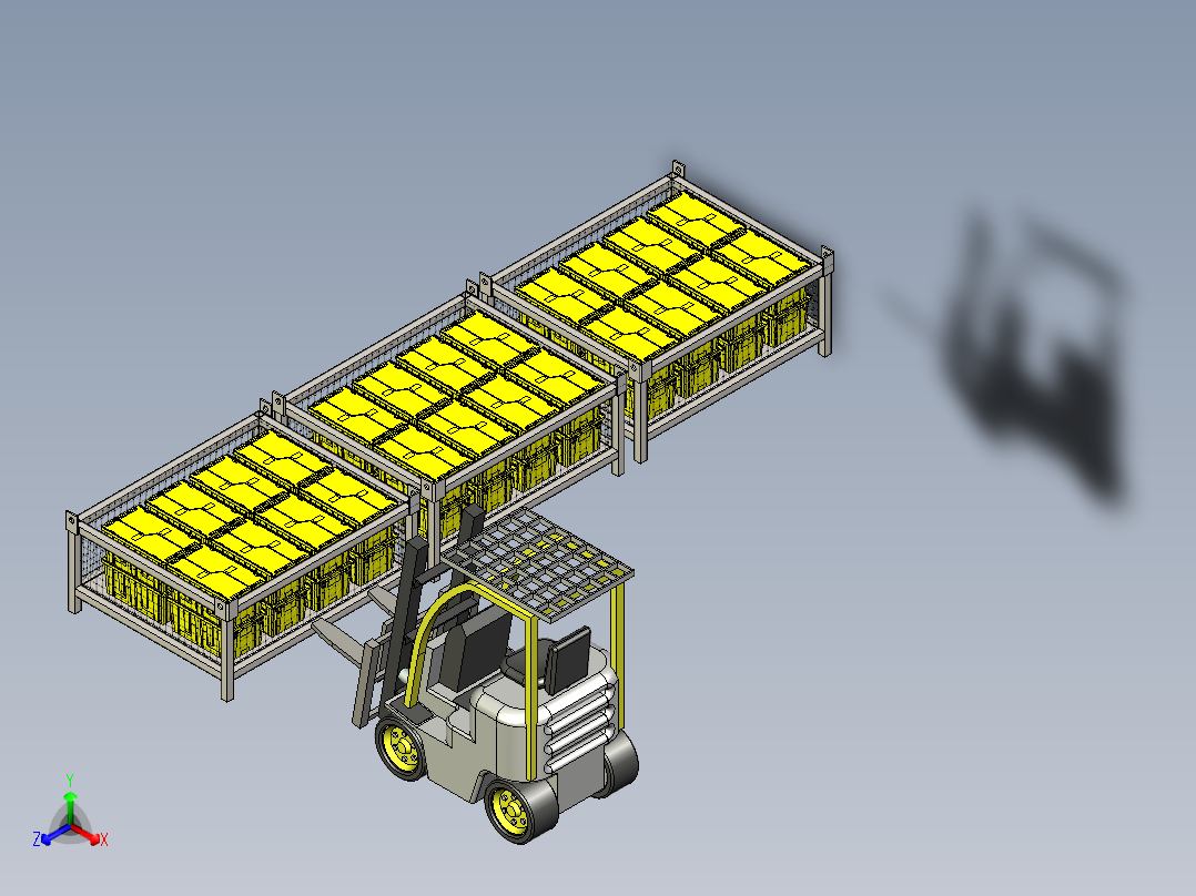周转货架与叉车搬运模拟正等轴测图