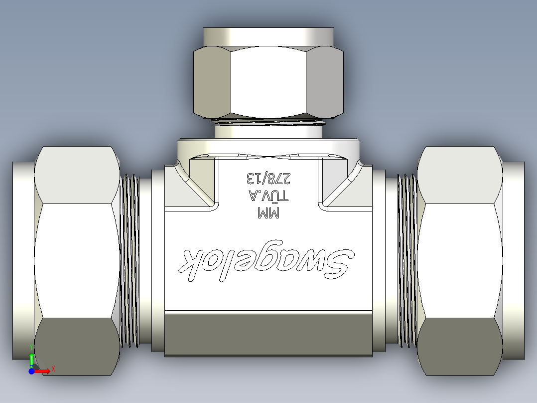 不锈钢世伟洛克卡套管接头，异径三通接头，外径25 mm x 25 mm x 16 mm前视图