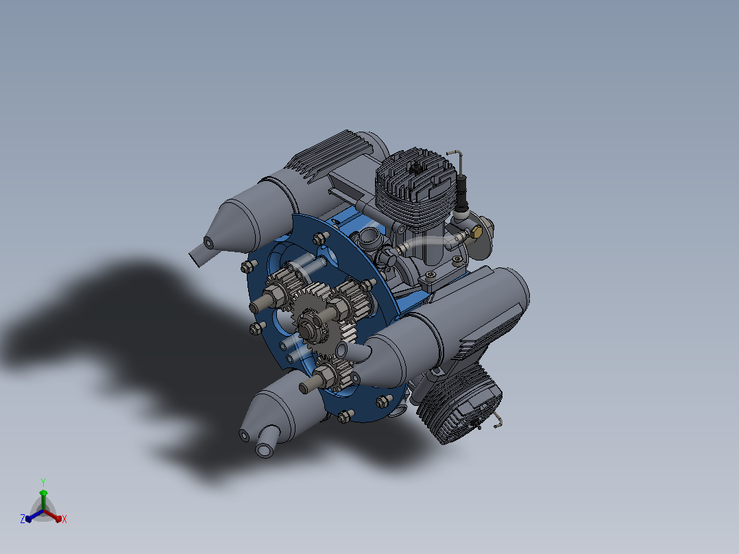 这是一台由三台OS 61发动机组装而成的伪星形发动机正等轴测图