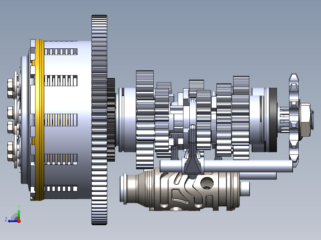 Suzuki T250R离合器和变速箱结构3D图纸 Solidworks设计右视图