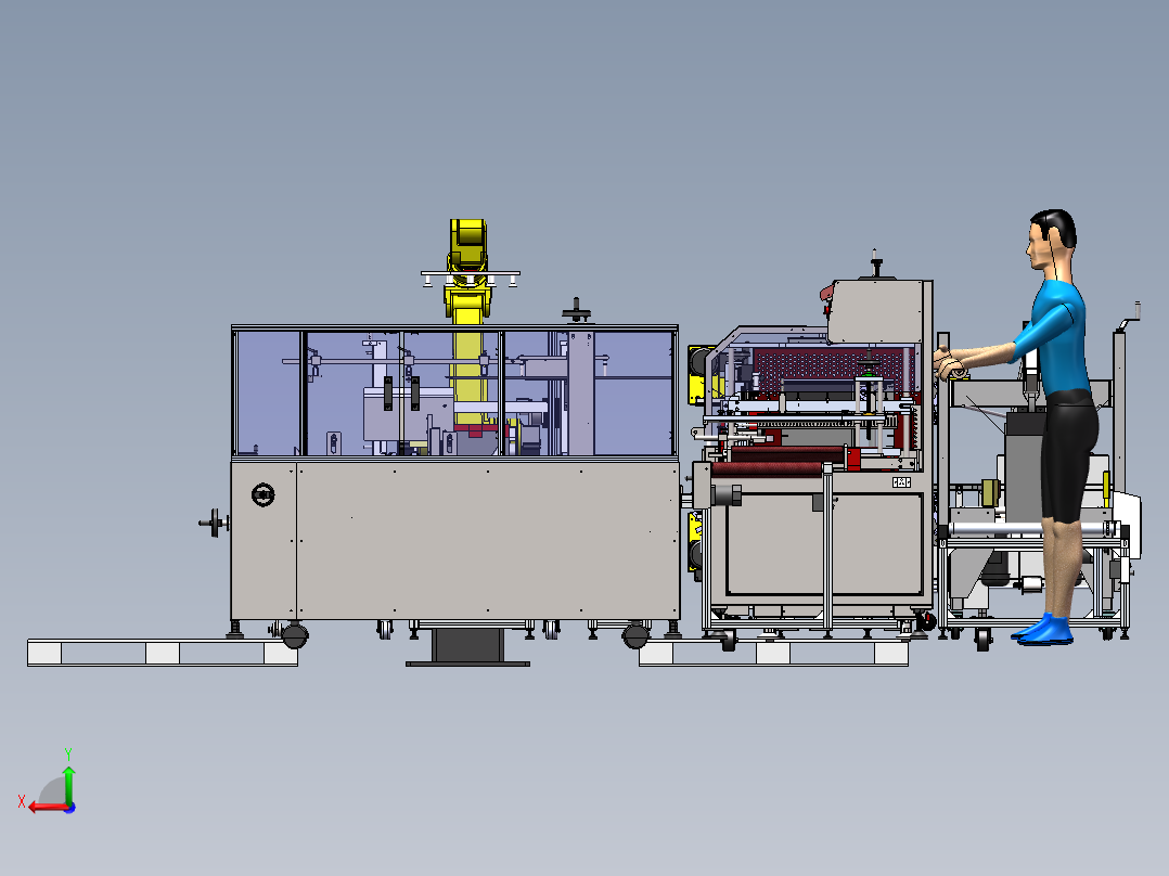 开箱边封收缩人工装箱折盖角边角边码垛后视图