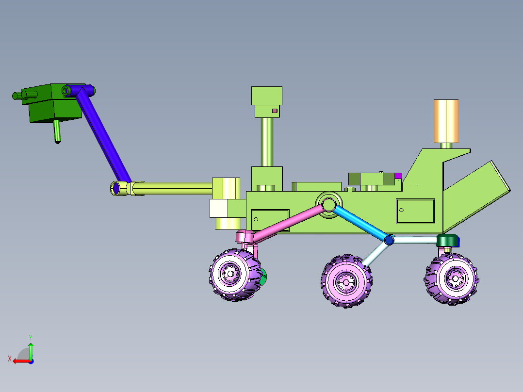 越障性能的六轮摇臂式月球探测车后视图
