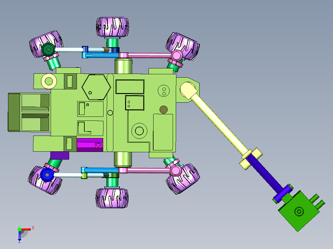越障性能的六轮摇臂式月球探测车俯视图