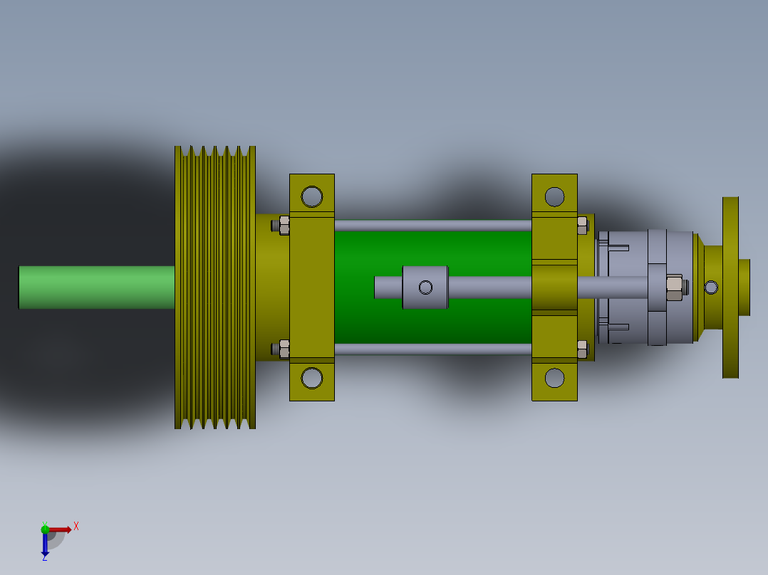 带直线运动的液压活塞组件，用于移动皮带传动系统的皮带轮俯视图