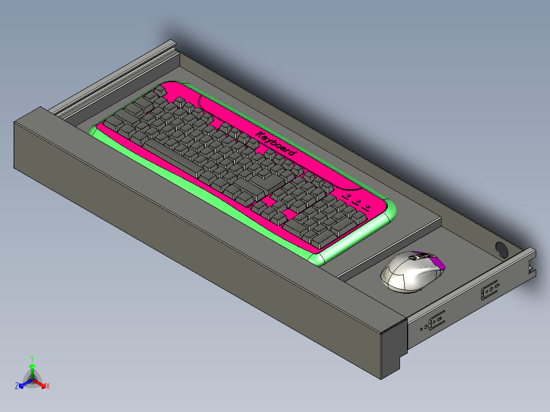 带抽屉滑轨的键盘架组装正等轴测图