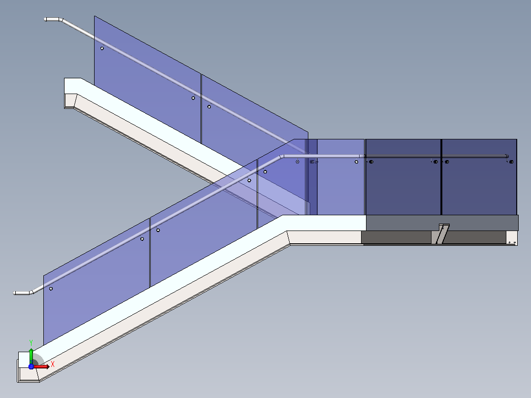 带玻璃栏杆的金属楼梯前视图
