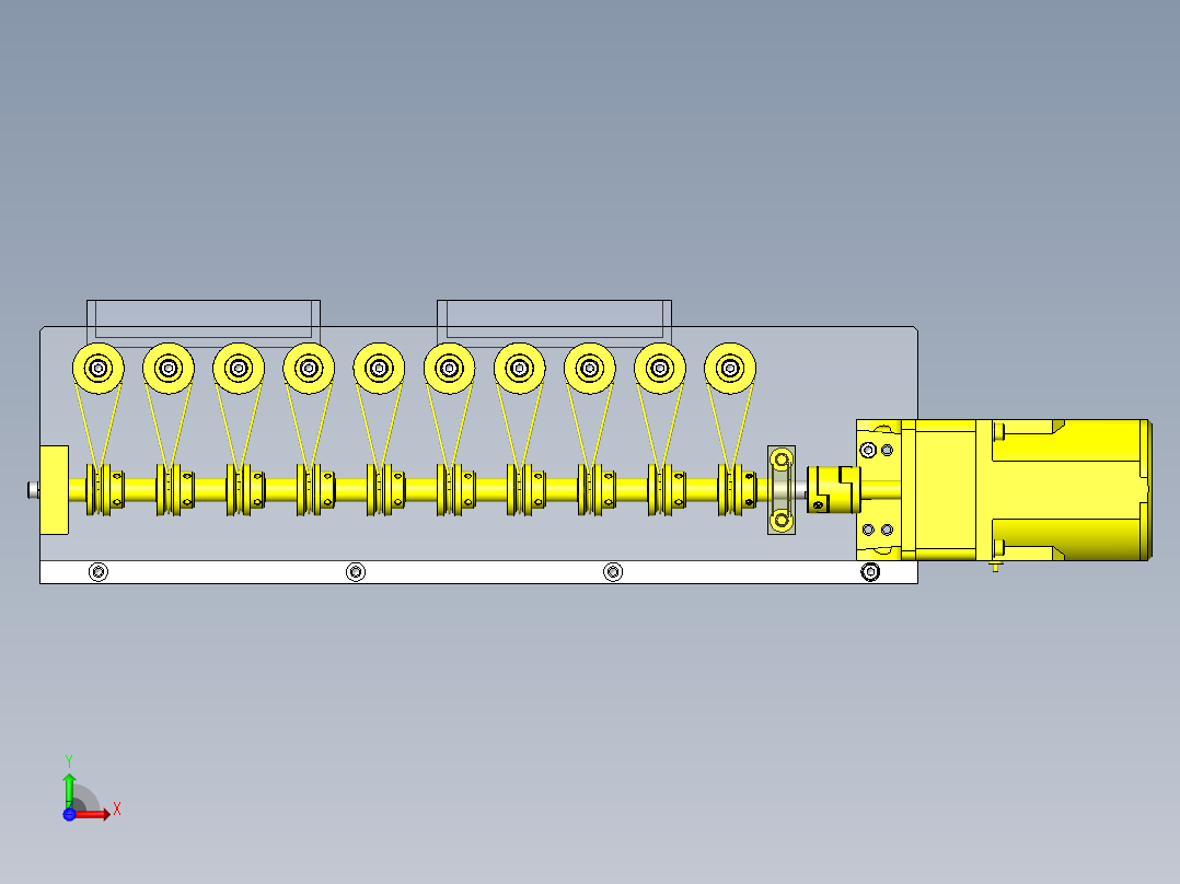 传导圆皮带直行动力的滚轮传送带前视图