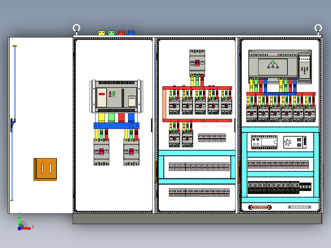 三柜组装万能断路器630A双电源软启动plc控制柜前视图