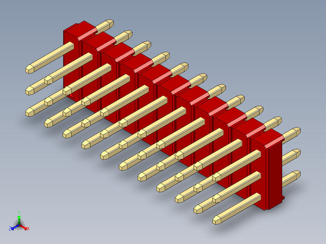 彩色公头100mil（2.54mm）系列-DS1021_red_3x11p_100mil_Type1_rev1.0正等轴测图