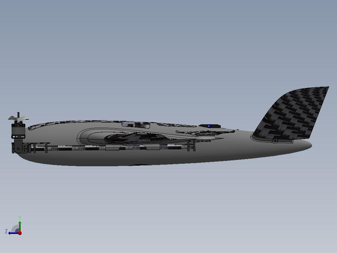 VTOL带倾转系统的垂直起降固定翼无人机3D图纸 Solidworks设计右视图