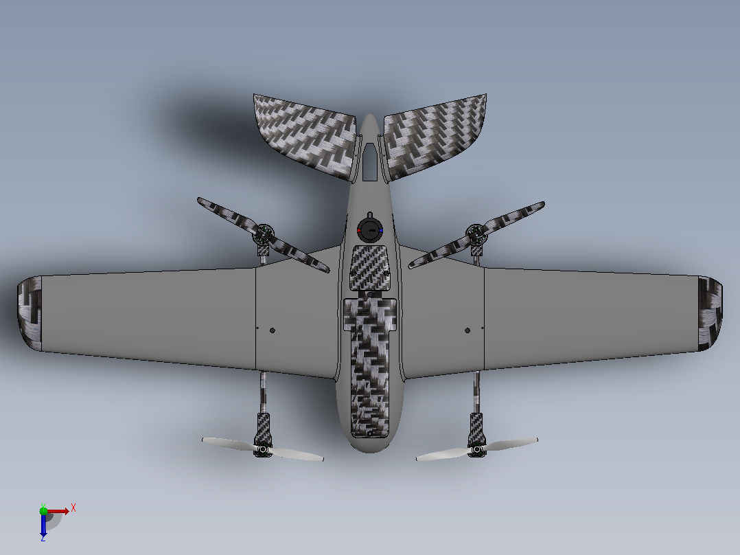 VTOL带倾转系统的垂直起降固定翼无人机3D图纸 Solidworks设计俯视图