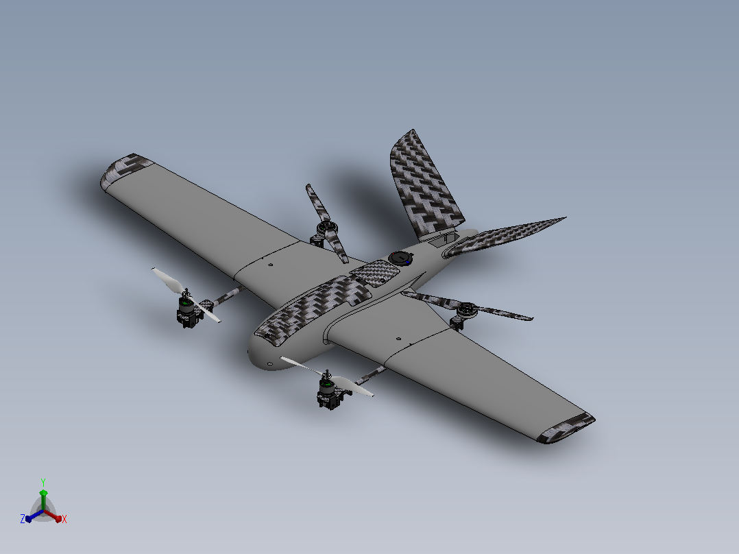 VTOL带倾转系统的垂直起降固定翼无人机3D图纸 Solidworks设计正等轴测图