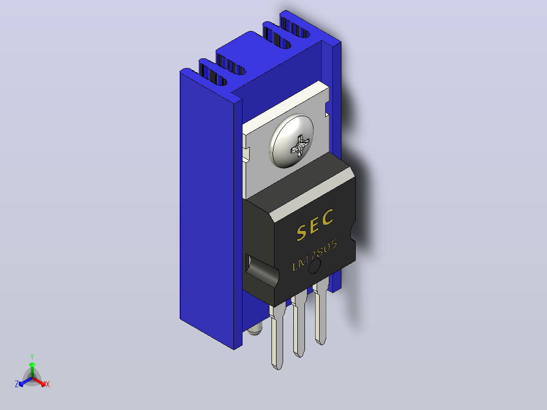 LM7805蓝色散热器25 x 12 6 x 6 5 mm孔18 3mm销固定.stp主视图