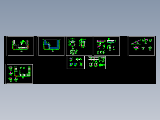 钢筋混凝土结构仿古组合长廊CAD图纸葡萄花架+长廊+四角亭吴王靠