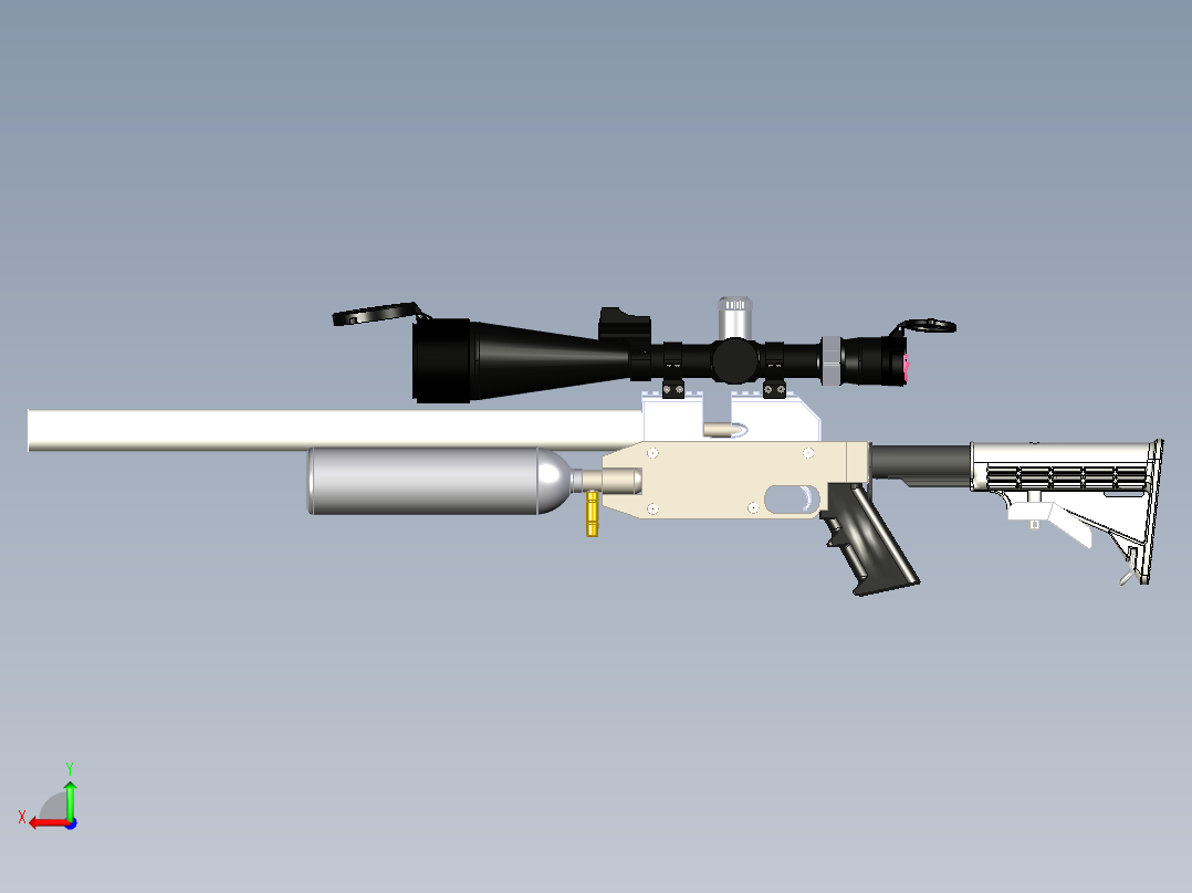 手枪左轮冲锋枪老式狙击步枪设计3D图纸jp-concept-pre-charge-pneumatic-air-rifle SW CREO STP IGS X_T STL后视图
