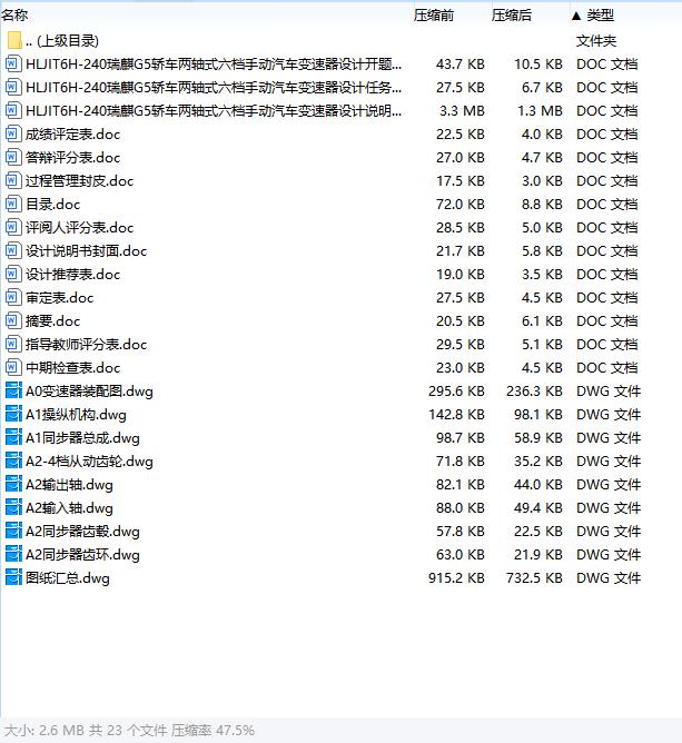 HLJIT6H-240瑞麒G5轿车两轴式六档手动汽车变速器设计含开题及8张CAD图