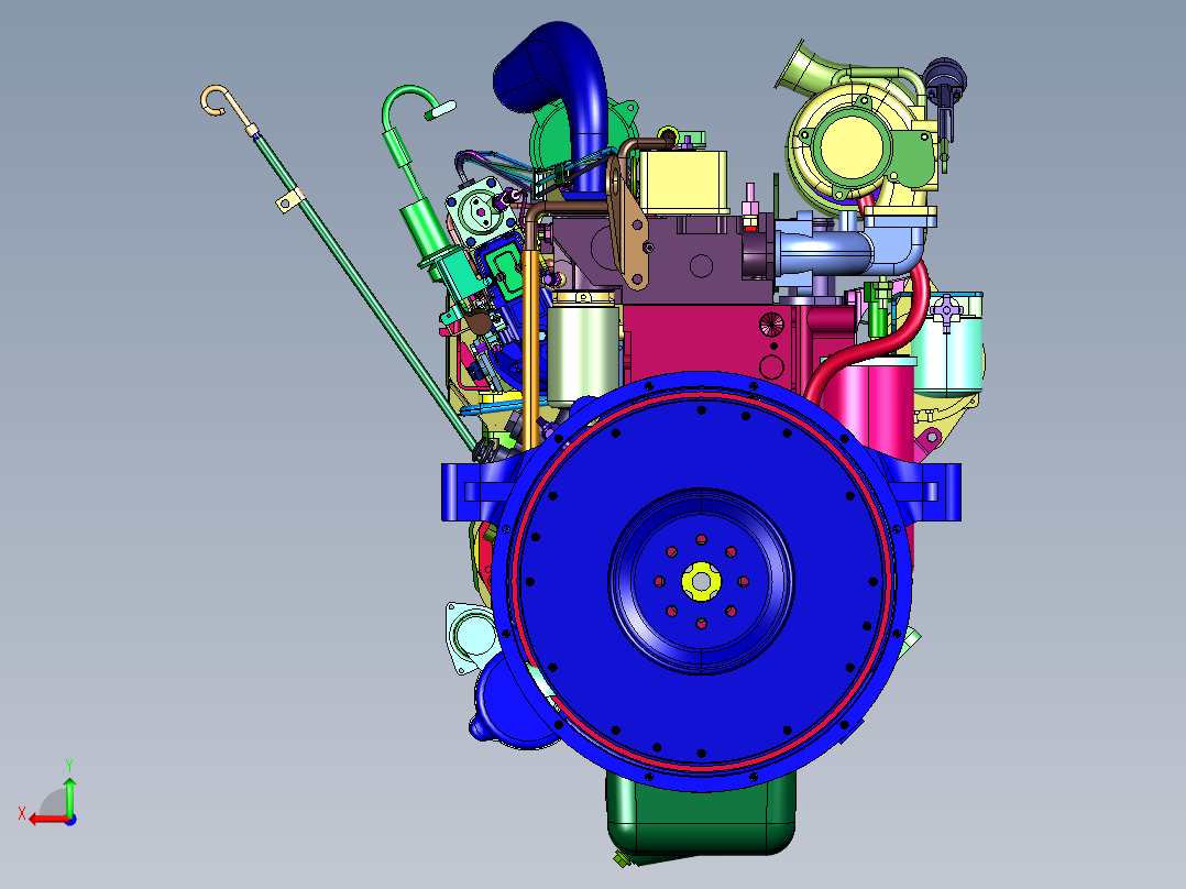 六缸增压多缸柴油引擎机后视图