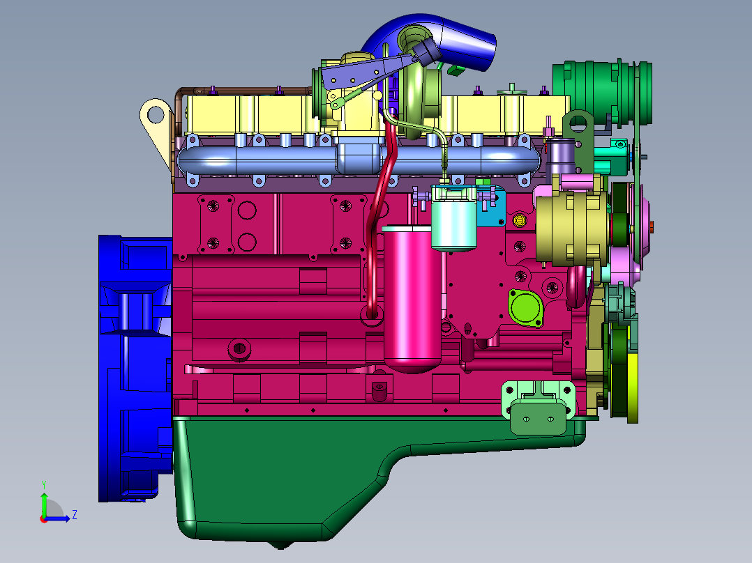 六缸增压多缸柴油引擎机左视图