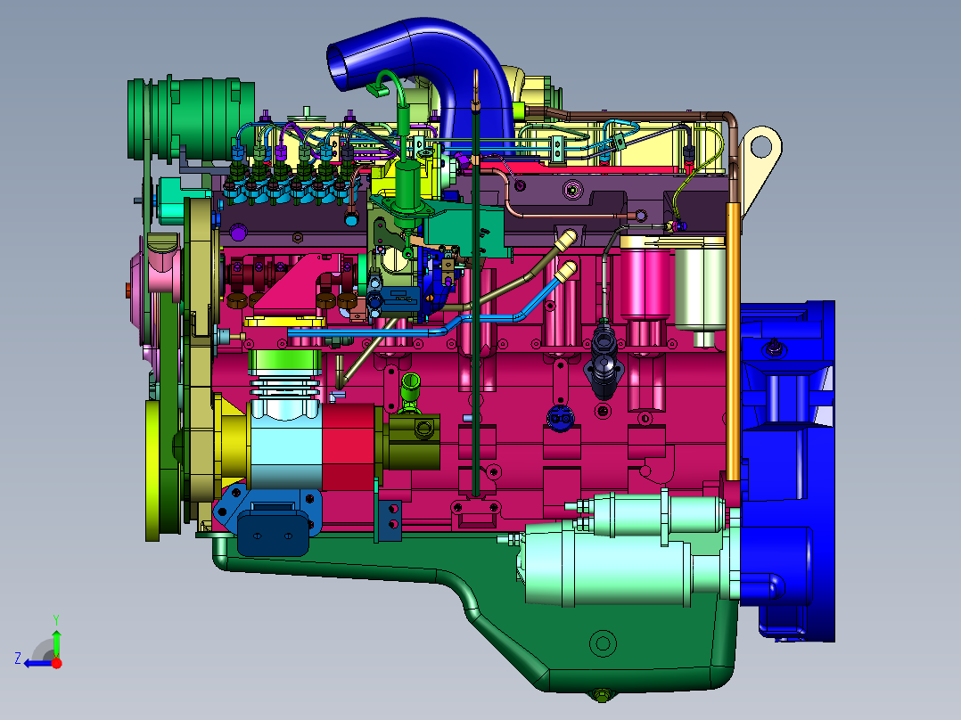 六缸增压多缸柴油引擎机右视图