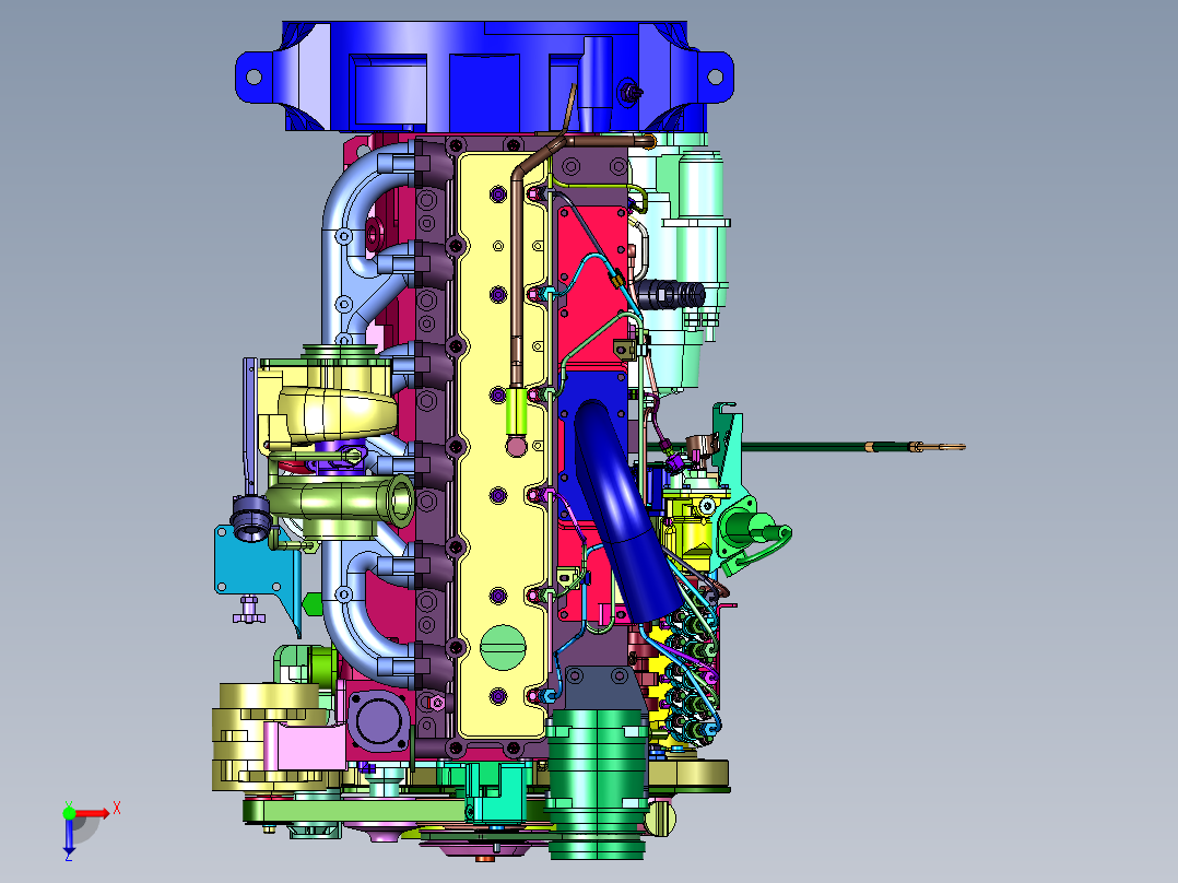 六缸增压多缸柴油引擎机俯视图