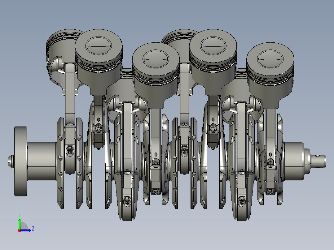 V8发动机曲轴和活塞 3D图纸 机械设备设计3D模型文件素材左视图