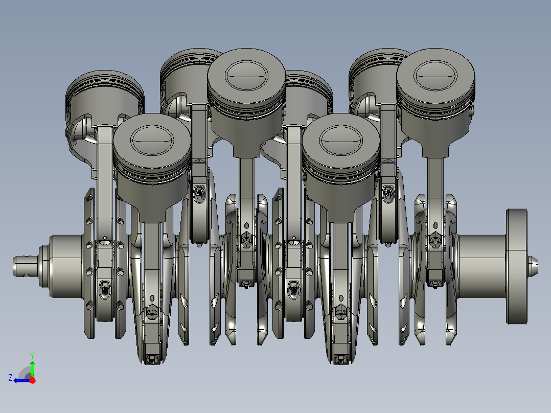 V8发动机曲轴和活塞 3D图纸 机械设备设计3D模型文件素材右视图