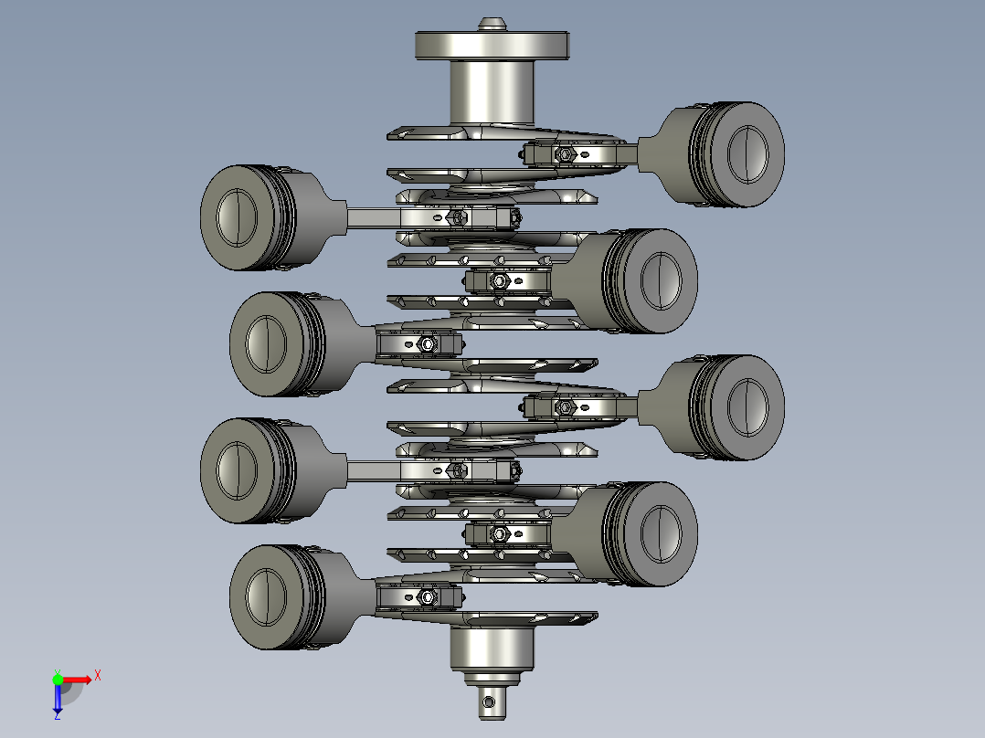 V8发动机曲轴和活塞 3D图纸 机械设备设计3D模型文件素材俯视图