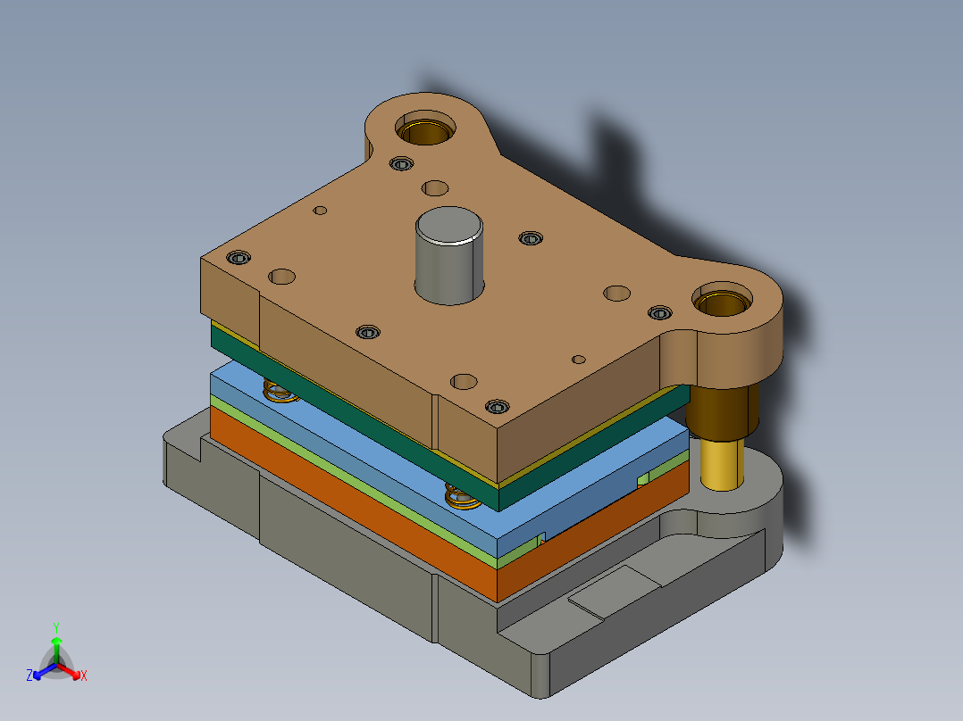 前门锁环螺母板盒级进模正等轴测图