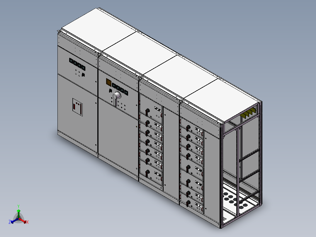 4台GCS并柜3D图纸 钣金机柜电气成套开关钣金柜配电柜3d模型正等轴测图