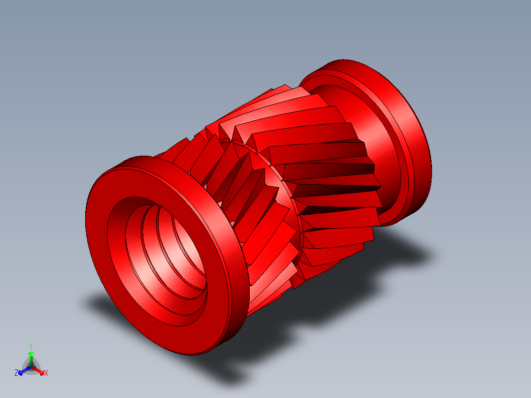 塑料加热或超声波安装用金属（黄铜）嵌件，带法兰接头和反向人字纹。各种螺纹尺寸M3、M3.5、M4、M5和M6正等轴测图