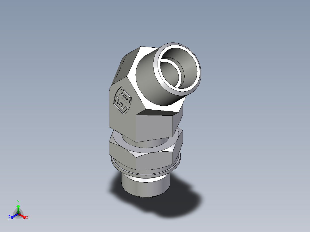 卡套式工业通用硬管接头EO_Adjustable_locknut_45_deg_elbow_VEE10LMOROMDCF正等轴测图