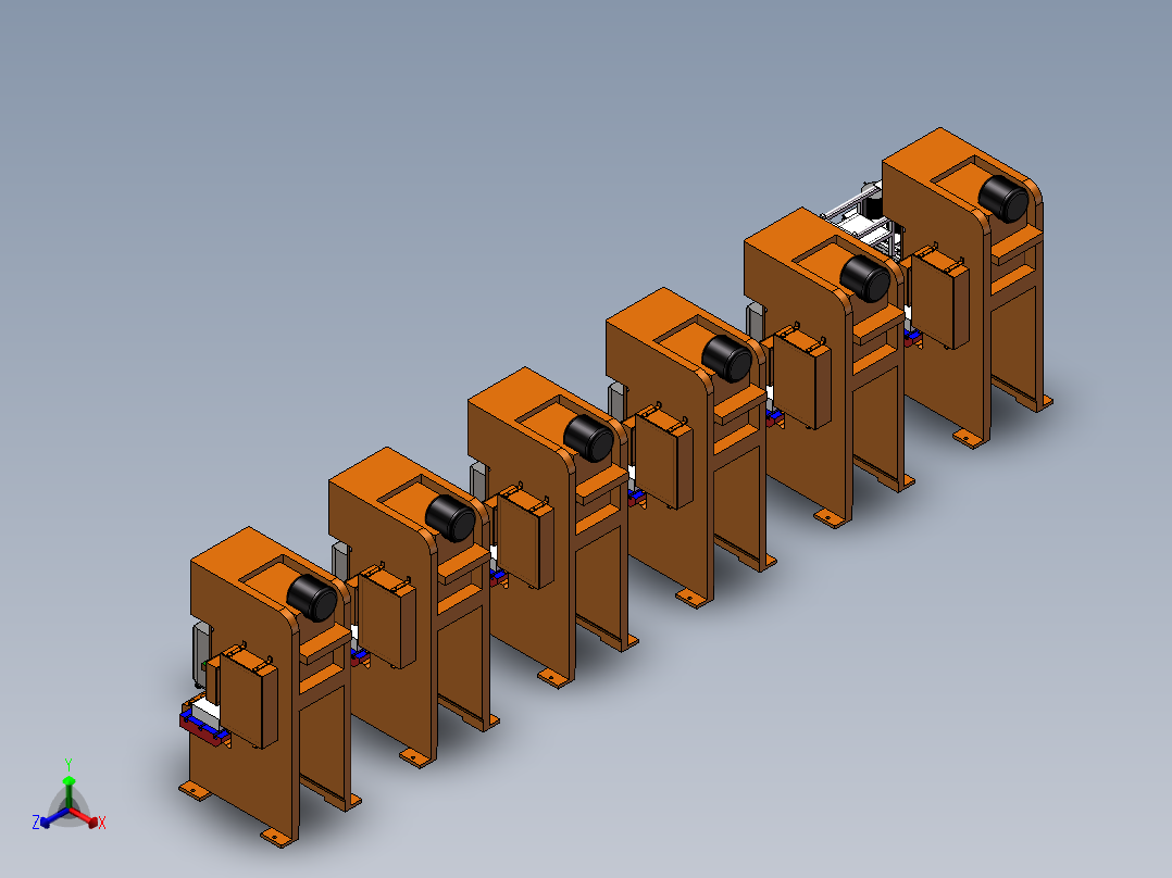 冲床摆臂机械手冲床多台联机自动上下料3d方案正等轴测图