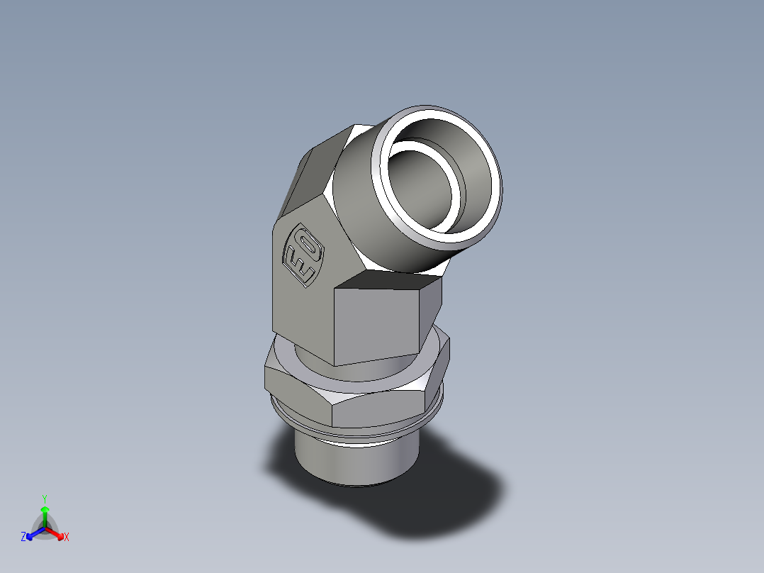 卡套式工业通用硬管接头EO_Adjustable_locknut_45_deg_elbow_VEE15LMOROMDCF正等轴测图