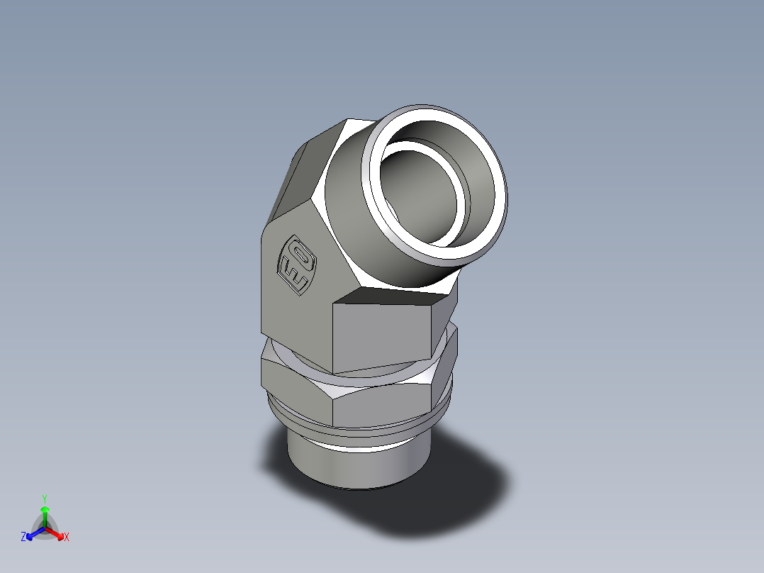 卡套式工业通用硬管接头EO_Adjustable_locknut_45_deg_elbow_VEE18LMOMDCF正等轴测图