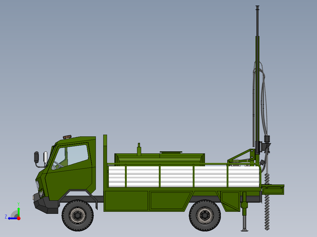 中型钻机卡车简易模型3D图纸 Solidworks设计右视图