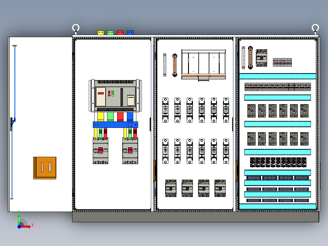 三柜组装万能断路器刀开关12路交流接触器控制柜前视图