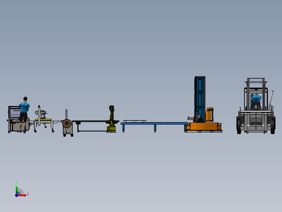 开箱机装箱一字封箱3d图纸 打包捆扎机器人码垛覆膜缠绕包装3d图前视图