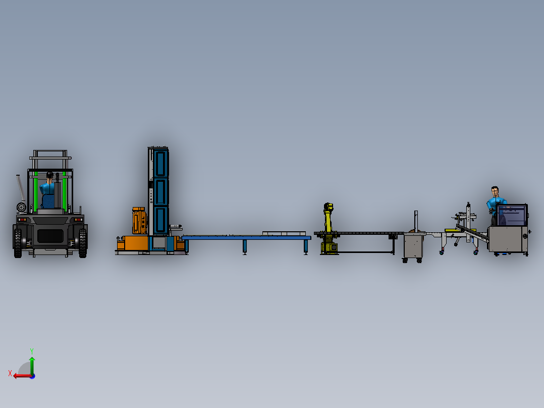 开箱机装箱一字封箱3d图纸 打包捆扎机器人码垛覆膜缠绕包装3d图后视图