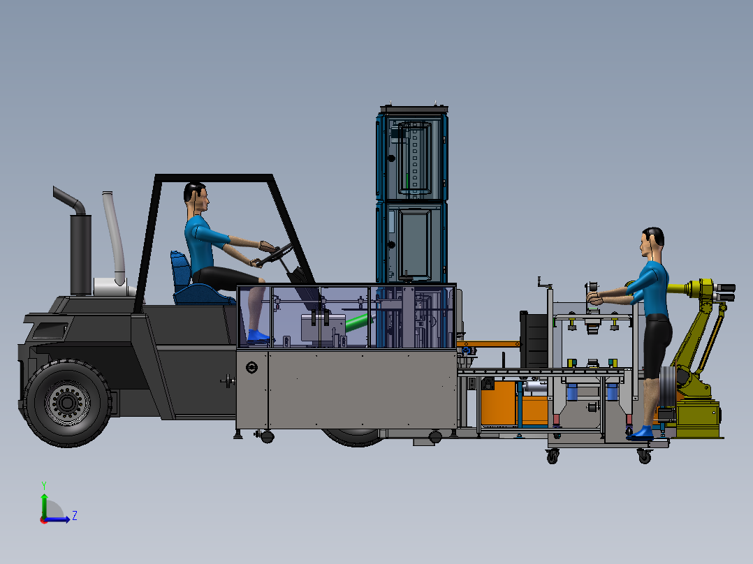 开箱机装箱一字封箱3d图纸 打包捆扎机器人码垛覆膜缠绕包装3d图左视图