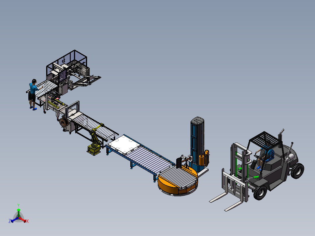 开箱机装箱一字封箱3d图纸 打包捆扎机器人码垛覆膜缠绕包装3d图正等轴测图