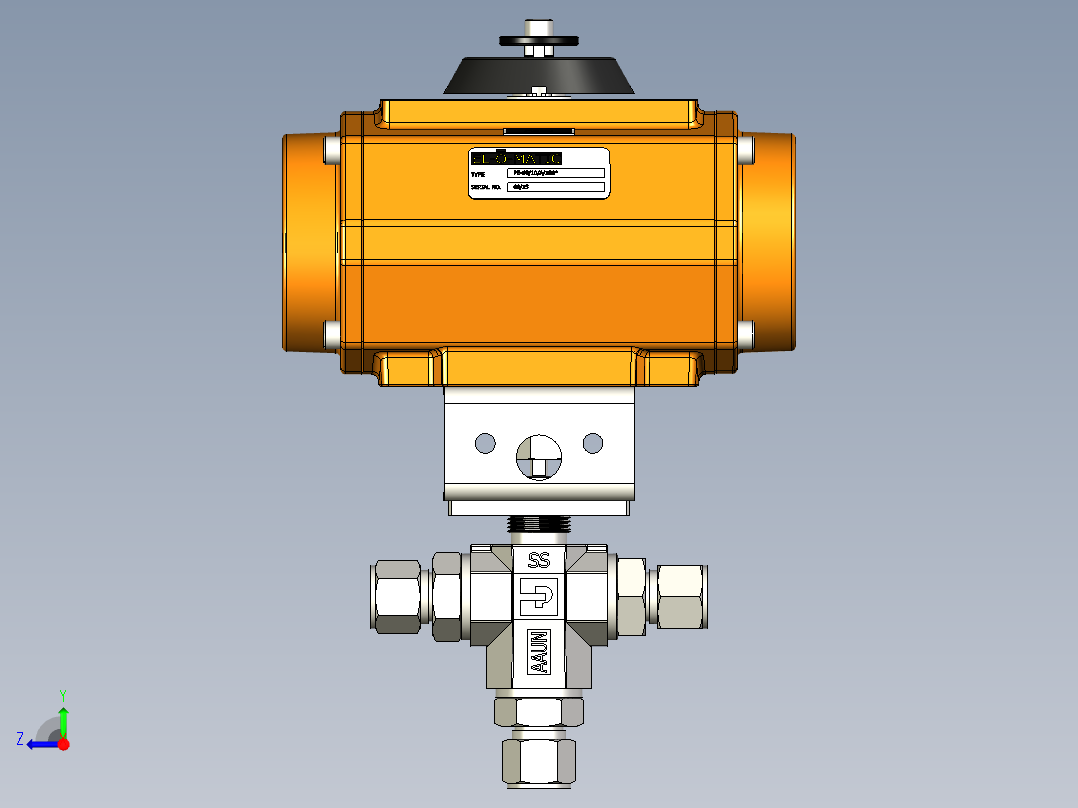 三通球阀带EL-O-Matic PE-60气动执行机构、弹簧复位右视图