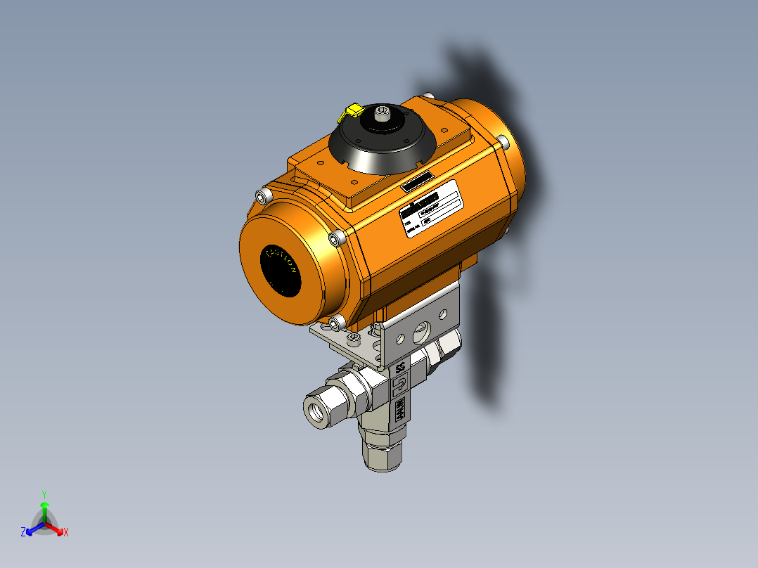 三通球阀带EL-O-Matic PE-60气动执行机构、弹簧复位正等轴测图