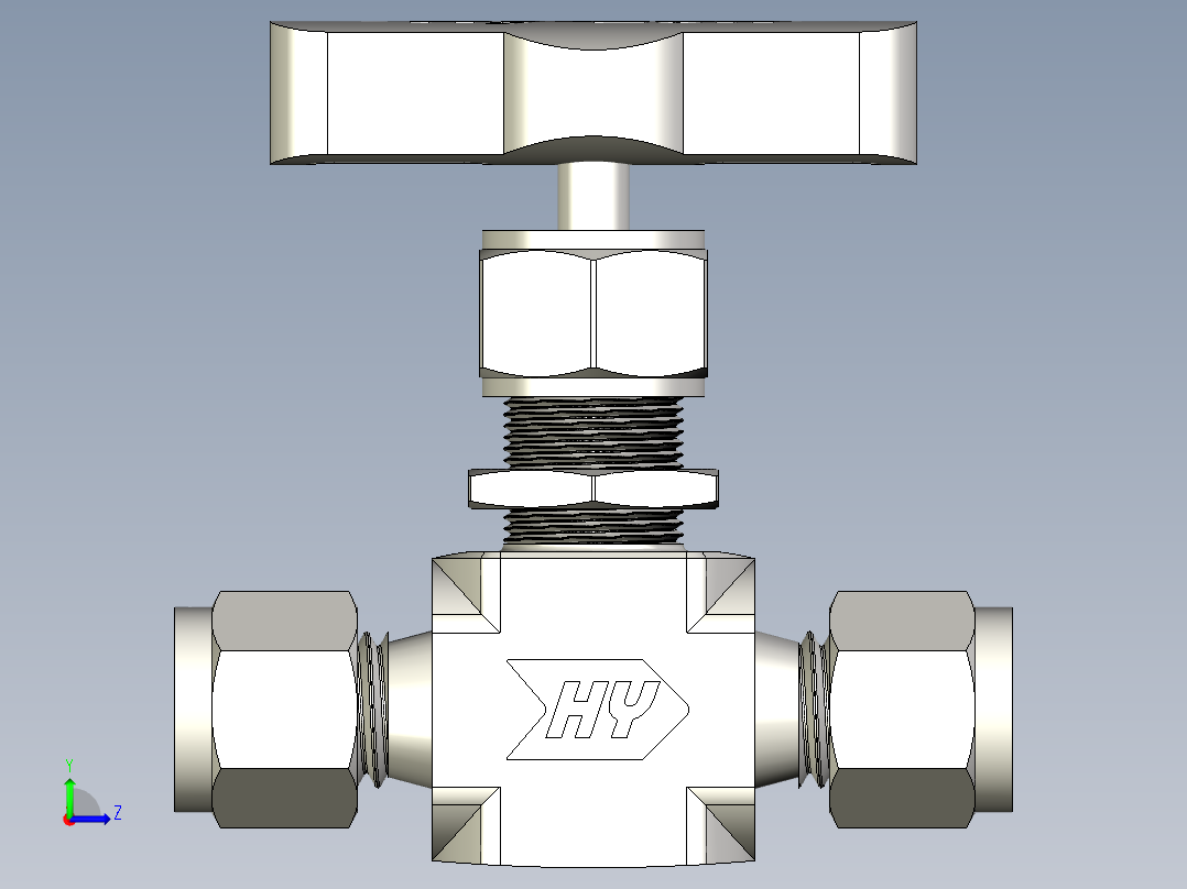 不锈钢整体阀帽针形阀，0.37 Cv，1-4英寸。调节杆Hy-Lok管接头左视图