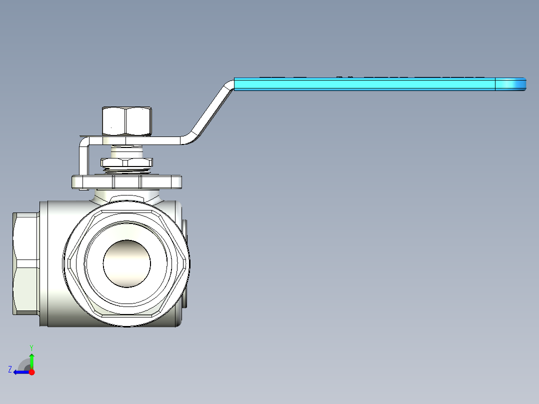 全304不锈钢T型1寸三通球阀右视图